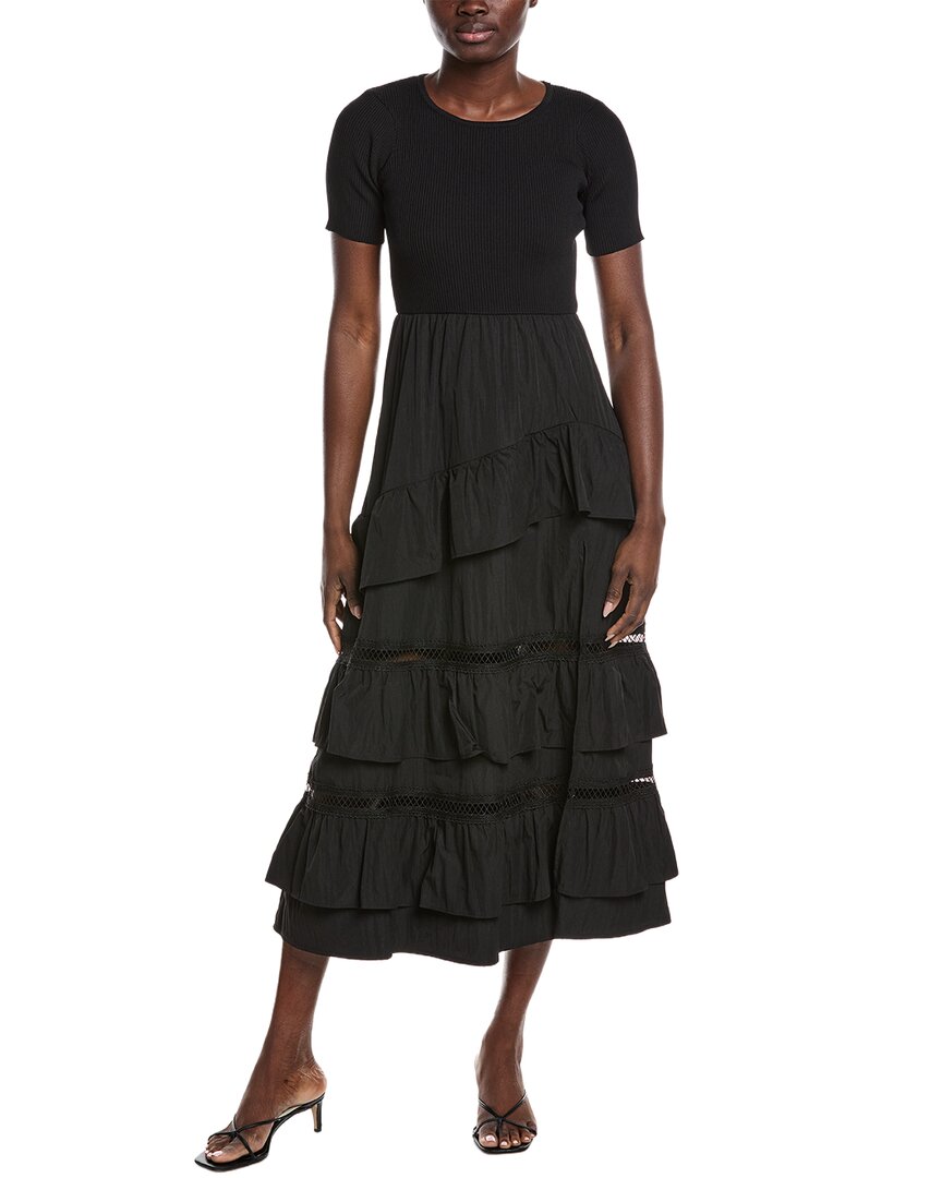 Gracia Half Knit Tiered Midi Dress In Black