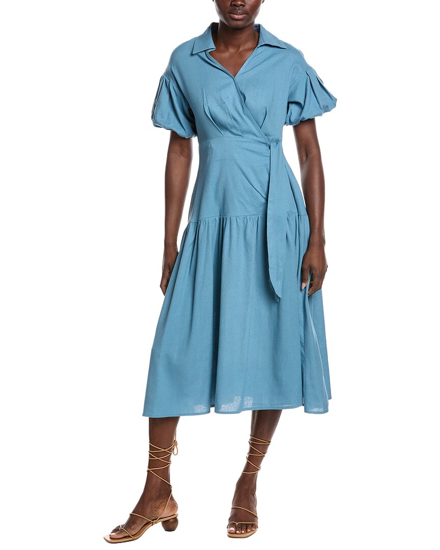 Gracia Side Waist Belt Linen-blend Midi Wrap Dress In Blue
