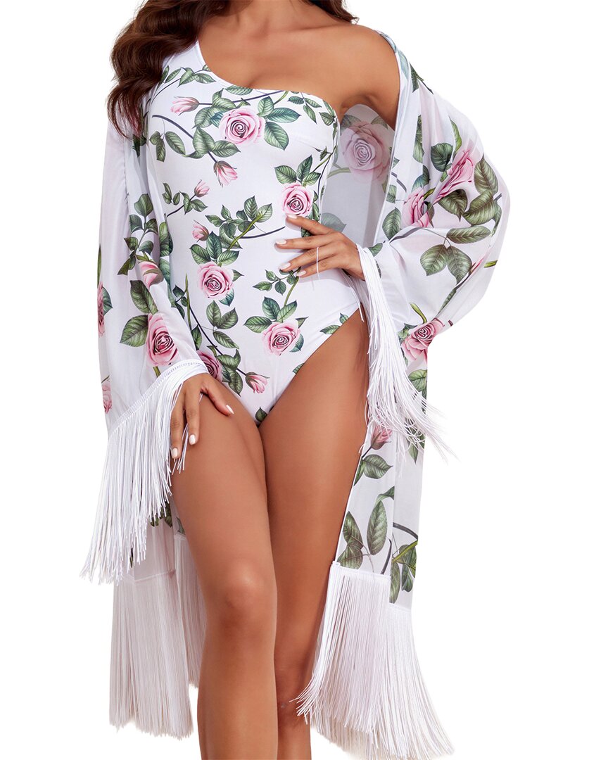 Lily Kim 2pc Swimsuit & Smock Set In White & Floral Print