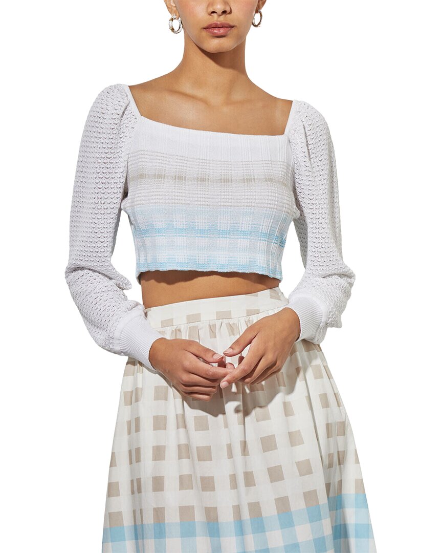 Ming Wang Bishop Sleeve Crop Top In 461-dew Blue/haze/limestone/wh