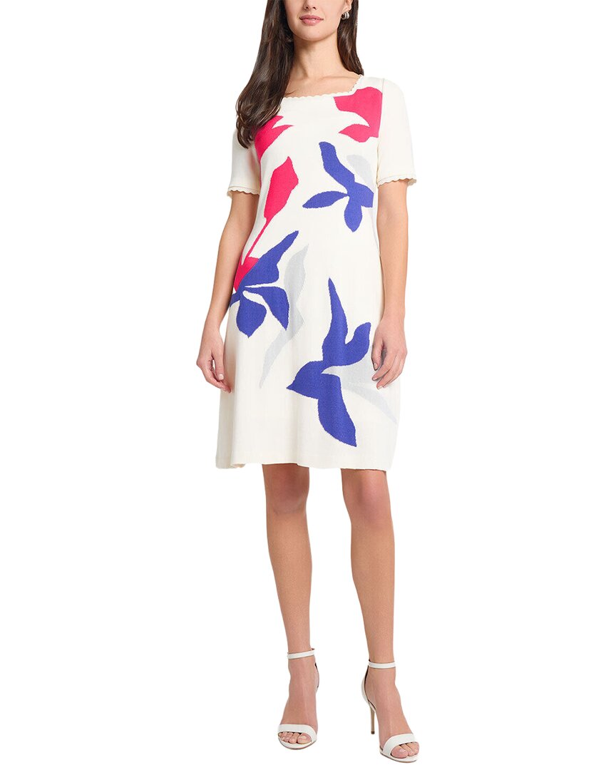 Ming Wang Floral Applique A-line Soft Knit Dress In 109-ivory/sapphire Sea/vibrant
