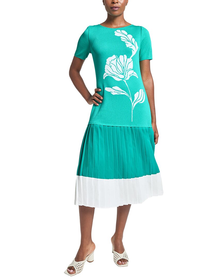 Ming Wang Midi Drop-waist Dress In 310-emerald Awe/white
