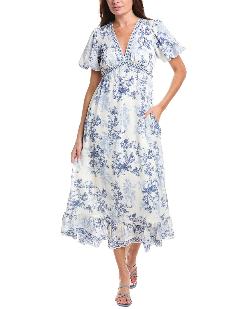 Max Studio Bubble Sleeve V-neck Empire Waist Midi Dress In Blue