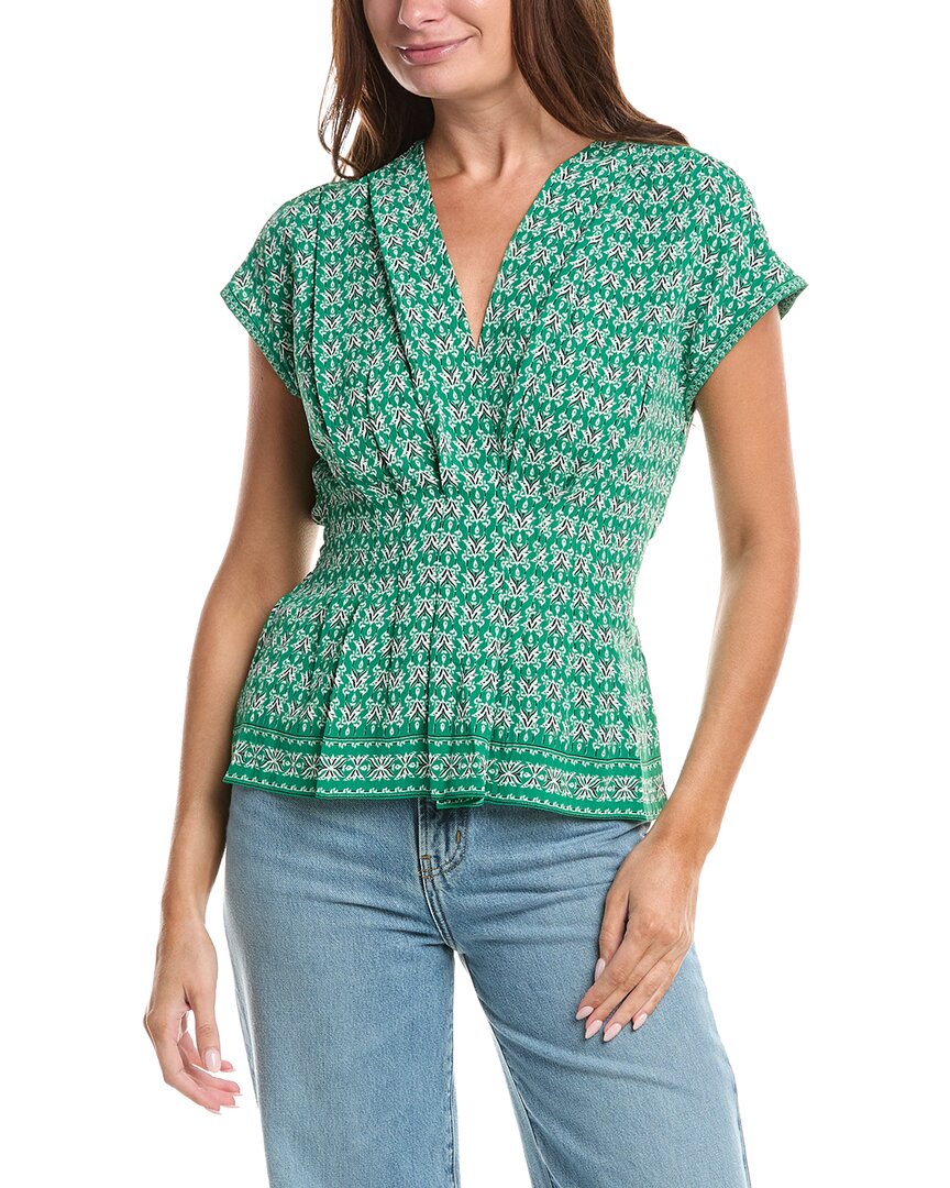 Max Studio Short Sleeve Pleat Front Blouse In Green