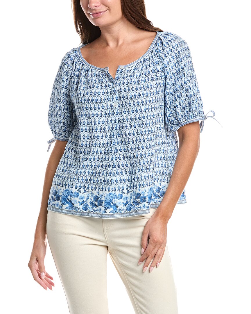 Max Studio Tie-sleeve Blouse In Cream/blue Daisy Stamp Bouquet
