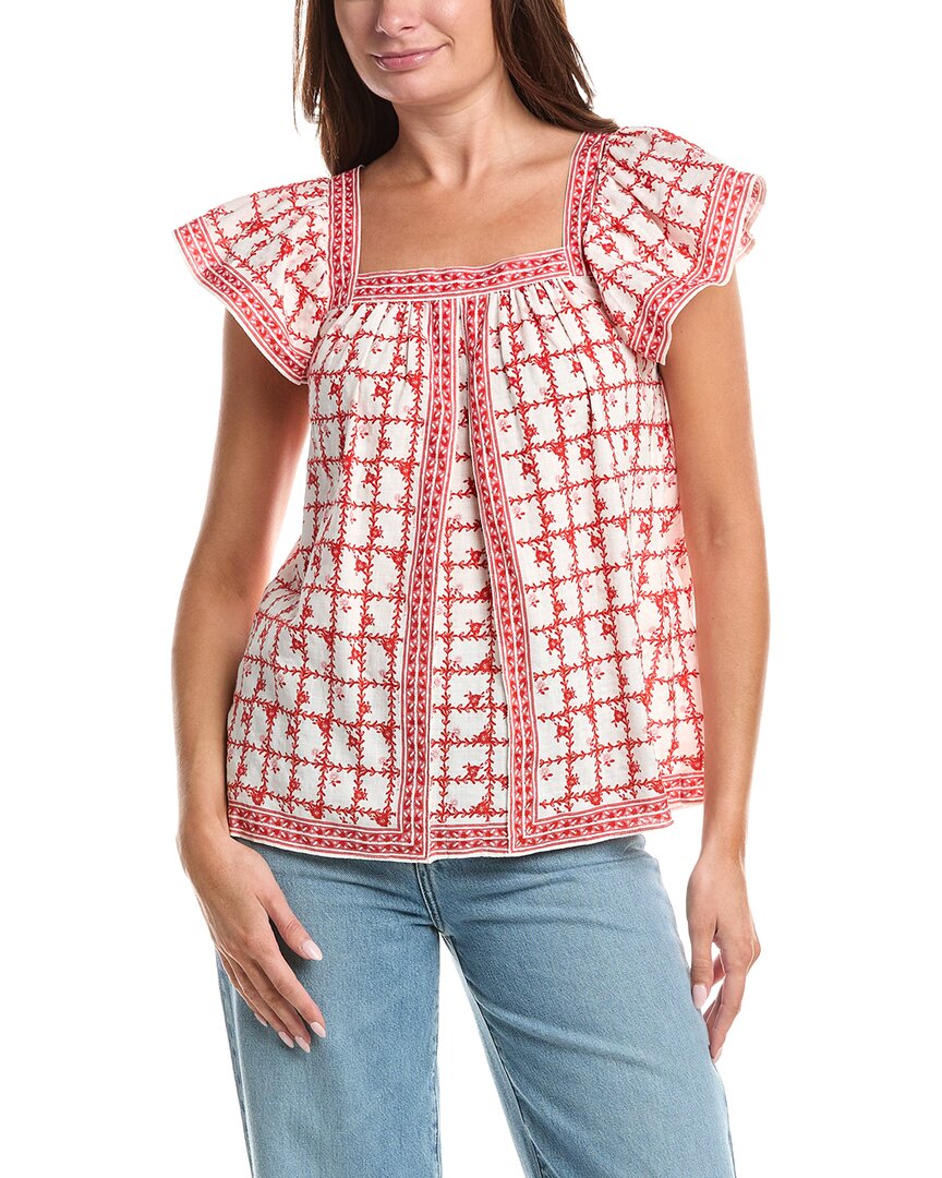 Max Studio Square Neck Flutter Sleeve Blouse In Red