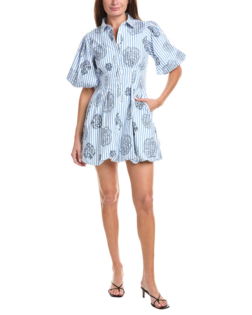 Gracia Striped Puff Sleeve Floral Mini Dress In Blue