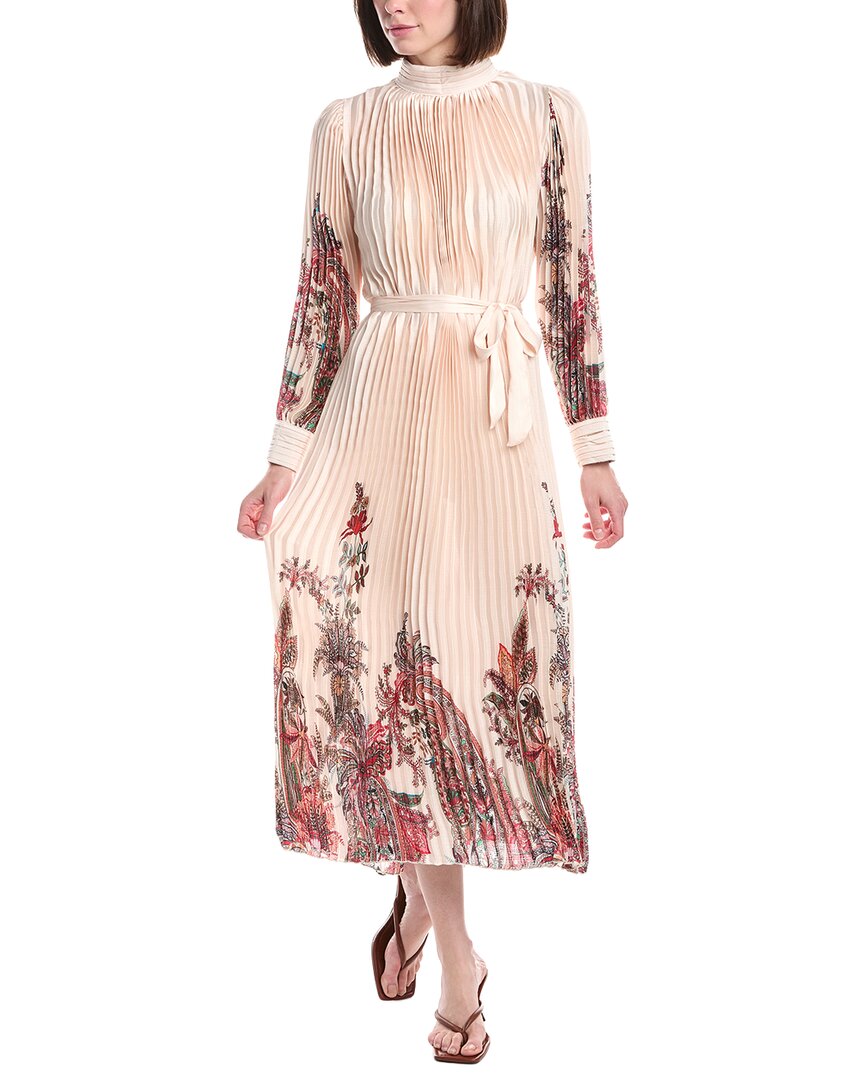 Beulah Boho Paisley Print Satin Pleated Midi Dress In White