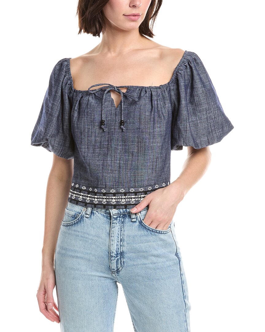 Nvlt Embroidered Balloon Sleeve Linen-blend Top In Blue