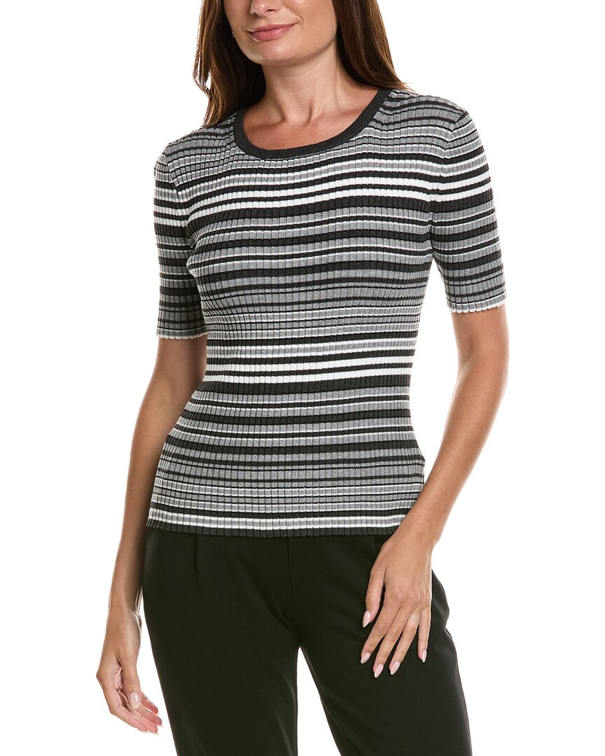 T Tahari Stripped Ribbed Knit T-shirt In Gray