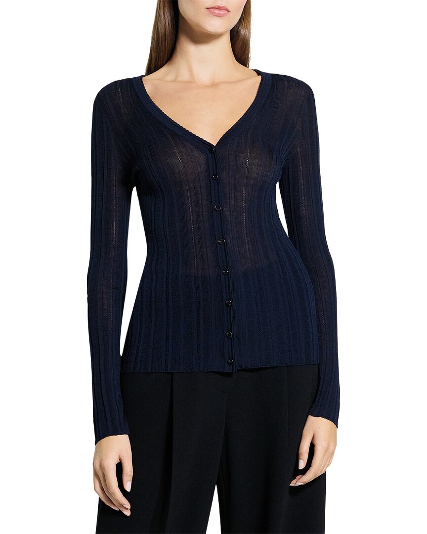 Theory Novel Pointelle Rib Wool Blend Cardigan In Blue