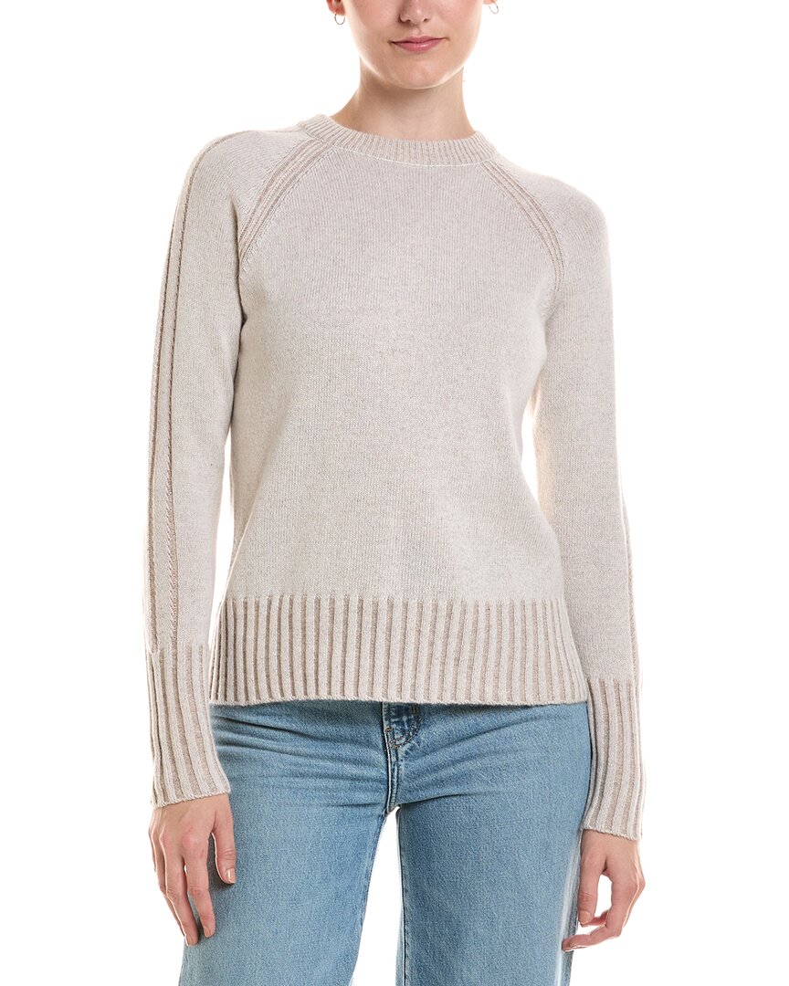 Forte Cashmere Plaited Rib Trim Crewneck Cashmere Sweater In Brown