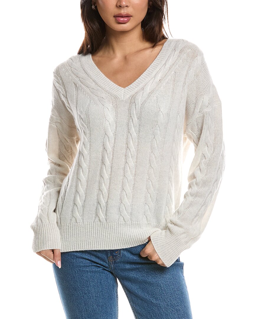 Forte Cashmere Fashioned Cable V-neck Cashmere Sweater In White