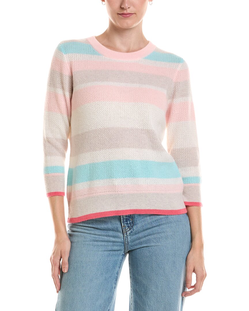 Forte Cashmere 3/4-sleeve Openwork Stripe Crewneck Cashmere Sweater In Pink