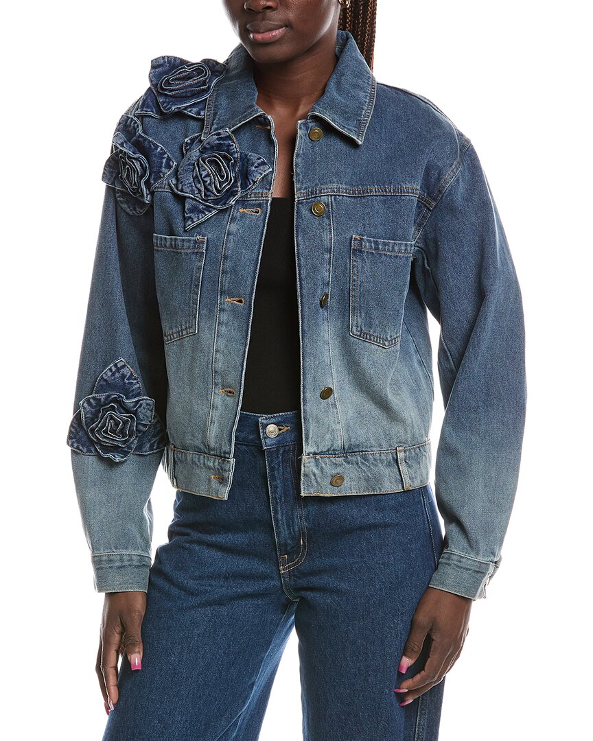 Gracia Flower Attached Denim Jacket In Blue