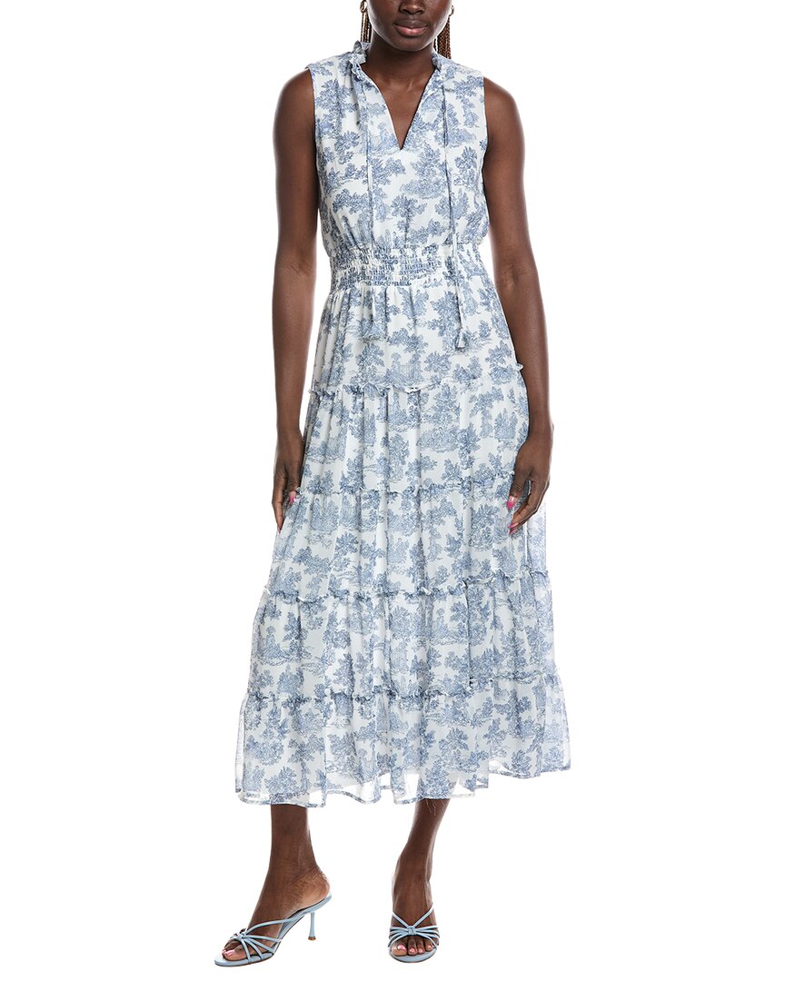 1.state 1. State Printed S/l Smocked Neck Dress In Blue