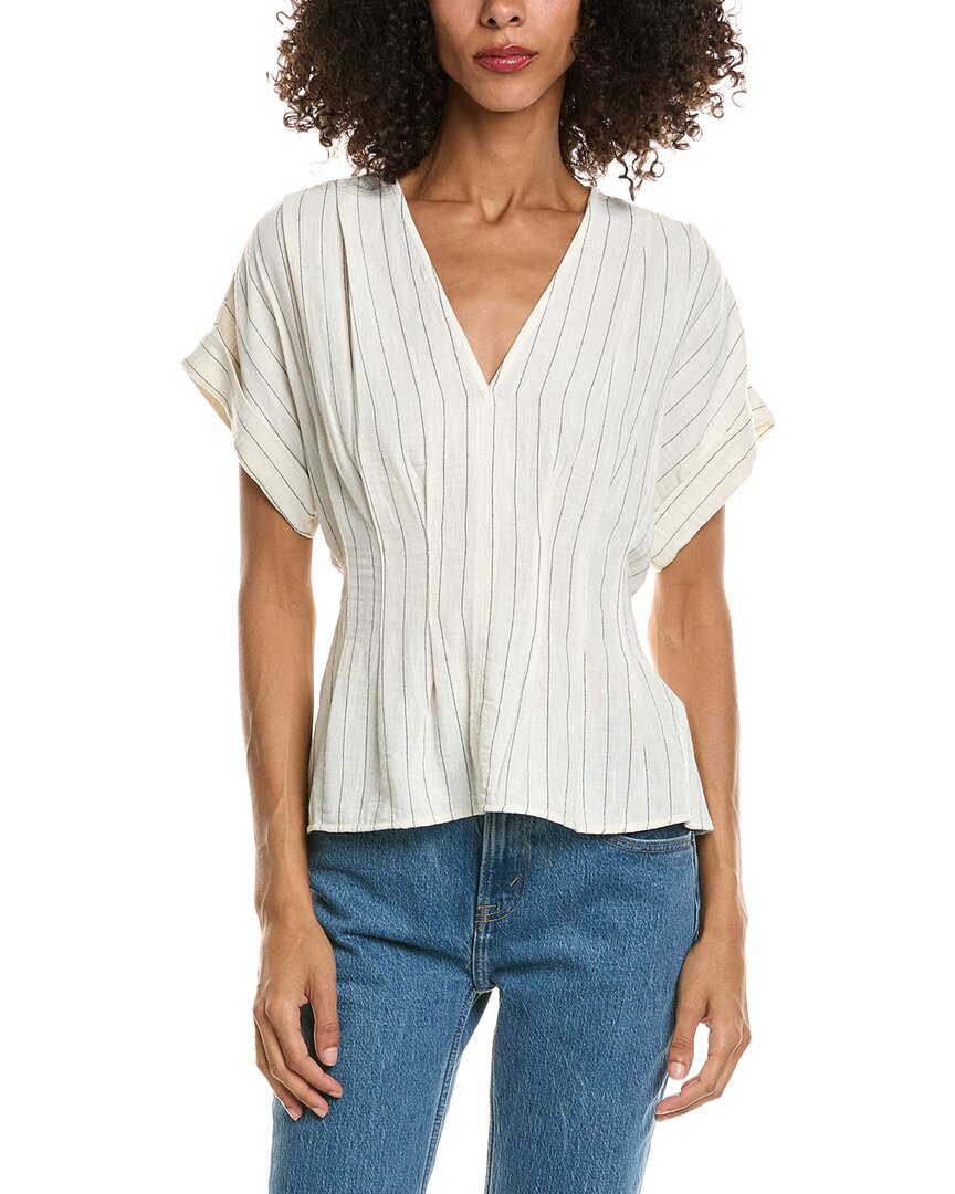 Max Studio Short Sleeve Pleat Front Linen-blend Blouse In White