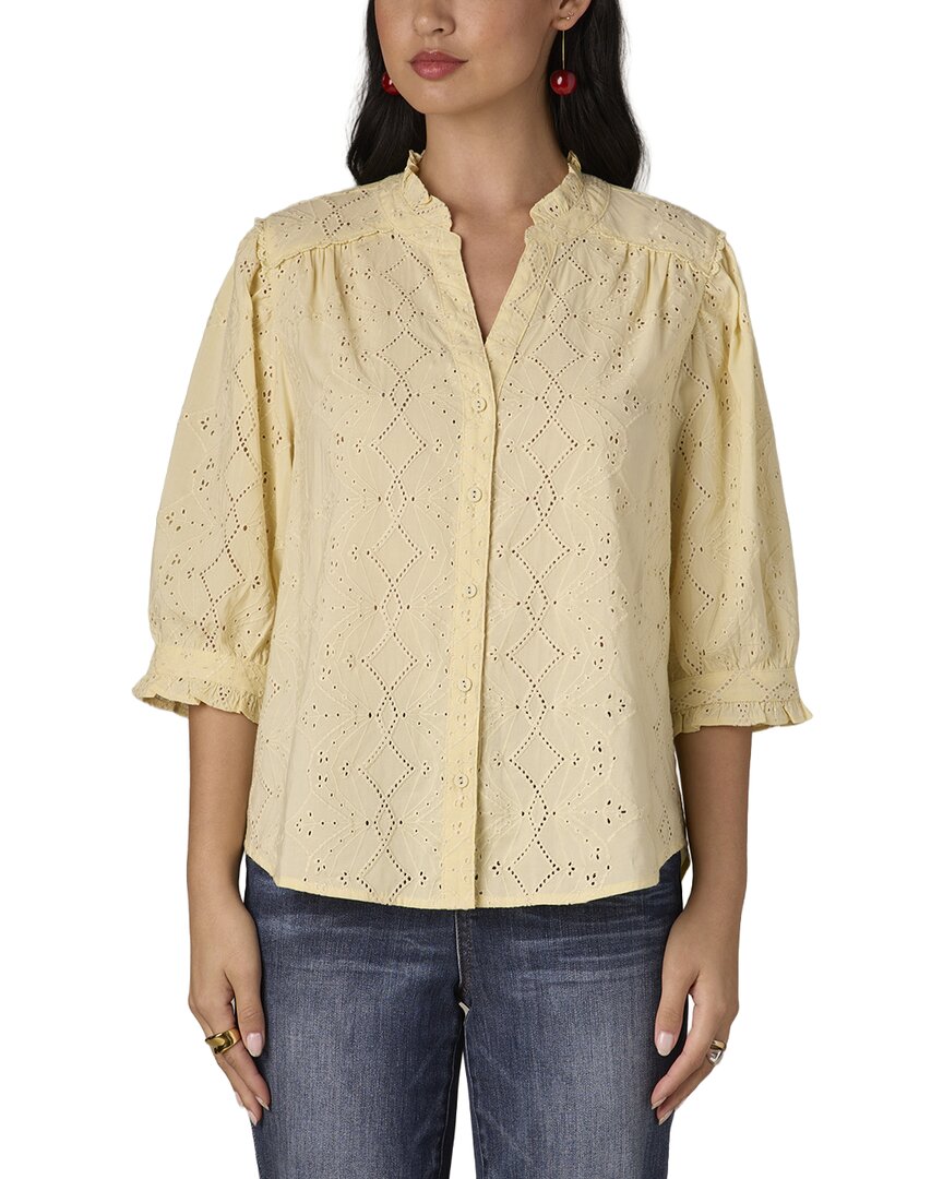 Wit & Wisdom Ruffle Woven Button Down Top In Beige