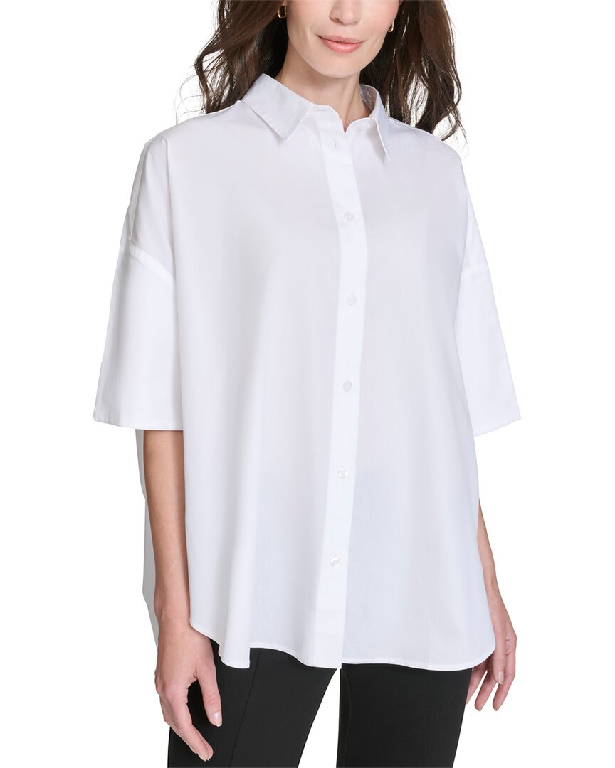 Halston Short Sleeve Button Down Blouse In White