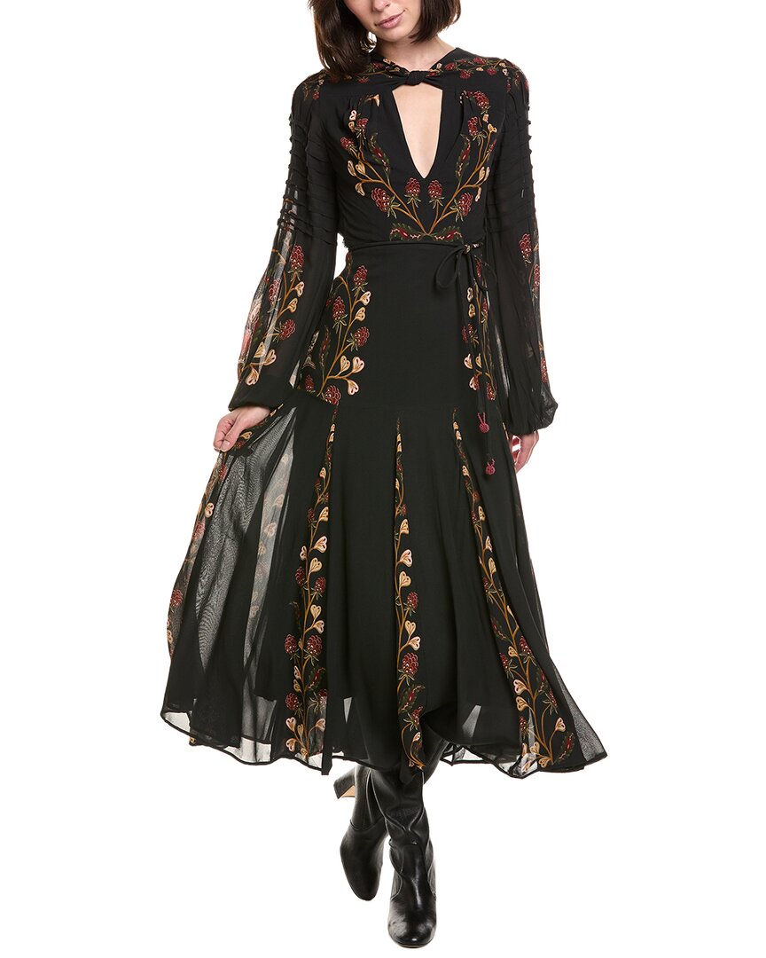 Farm Rio Berry Garden Black Long Sleeve Pleated Maxi Dress