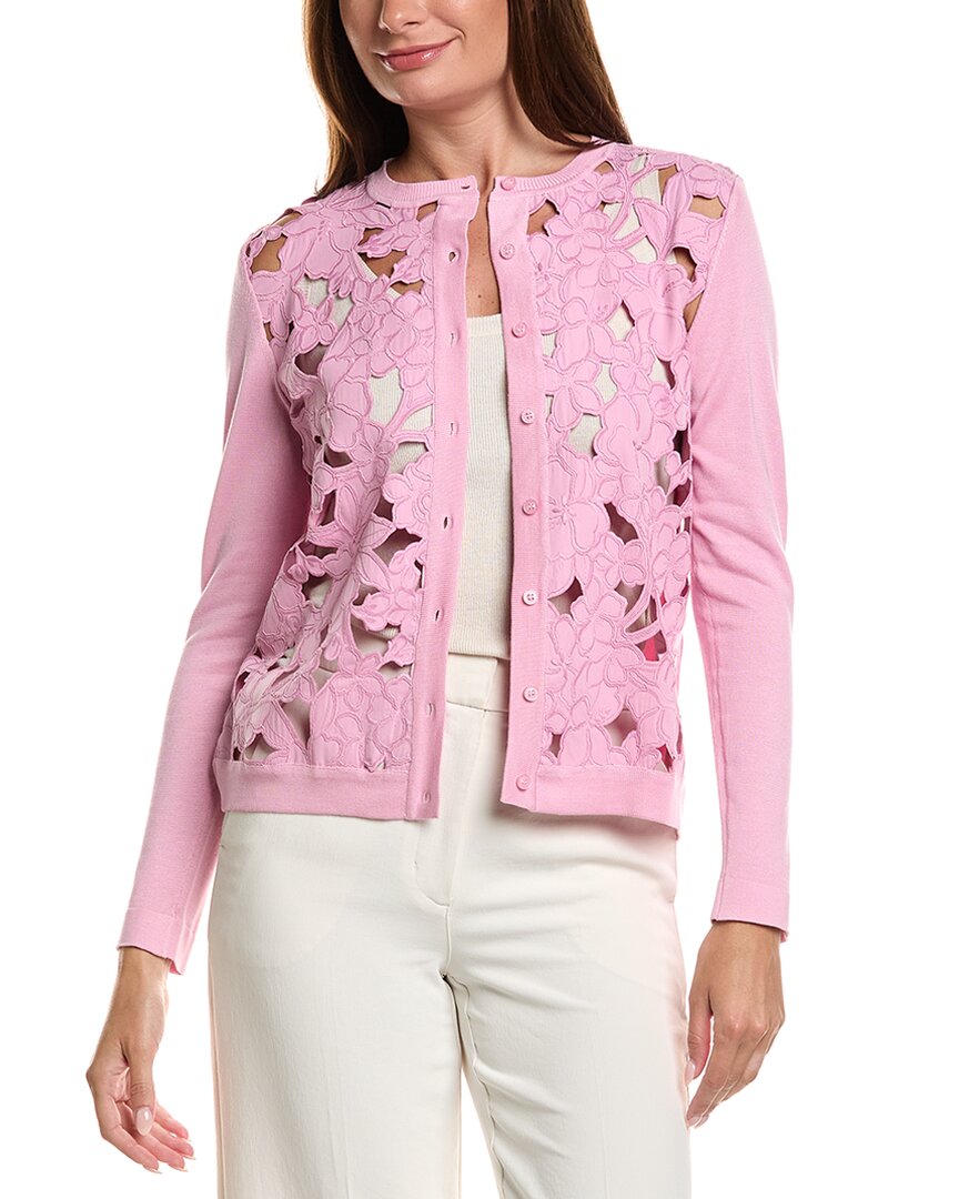Oscar De La Renta Cherry Blossoms Guipure Insert Silk-blend Cardigan In Purple