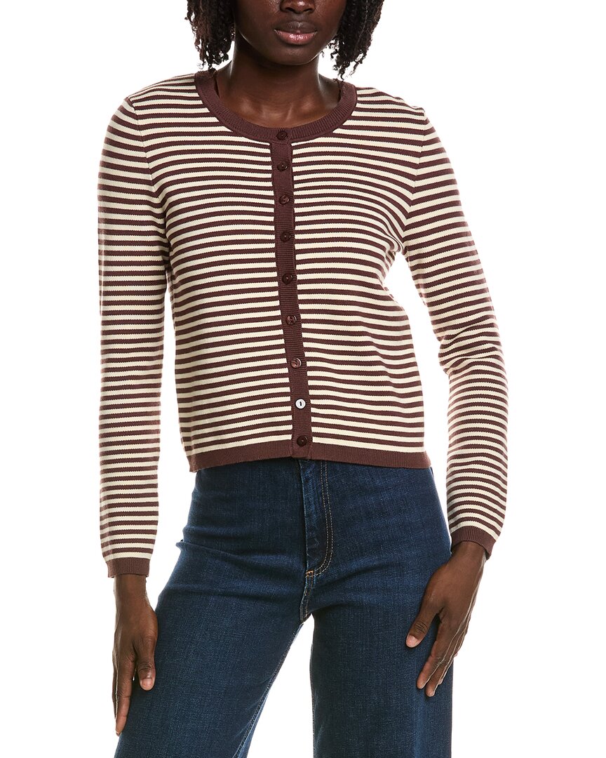 T Tahari Crewneck Striped Cropped Cardigan In Brown