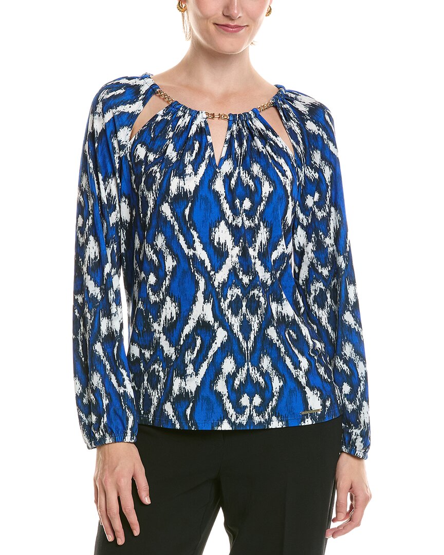 Halston Printed Chain Neck Blouse In K5l-marine/sapphire