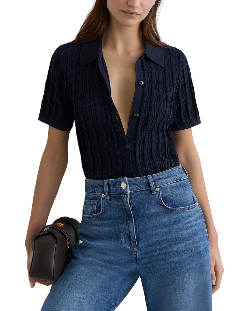 Reiss Audrey Stitch Detail Short Sleeve Knitted Shirt In Navy