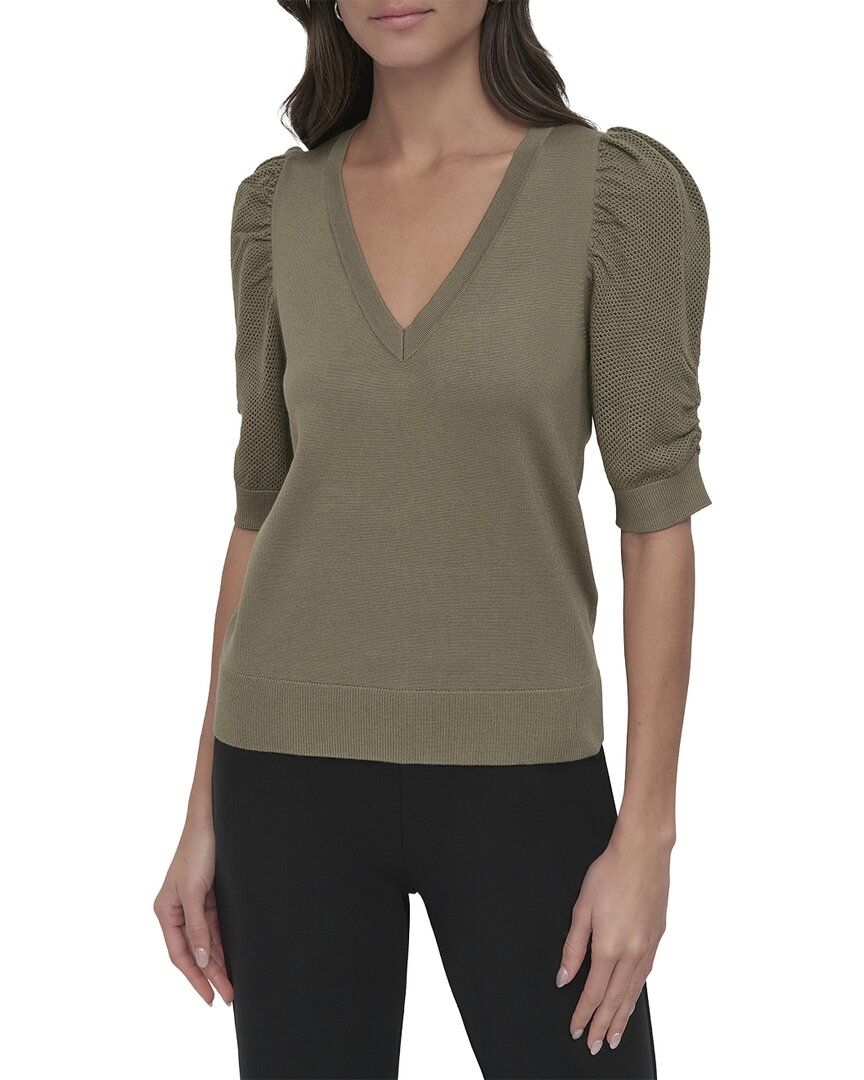 Dkny V-neck Twist Sleeve Sweater In Green