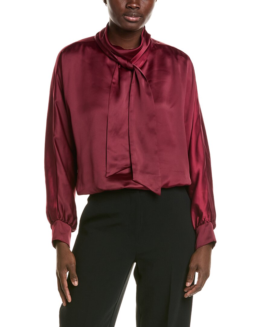 Halston Satin Mock Neck Scarf Blouse In Red