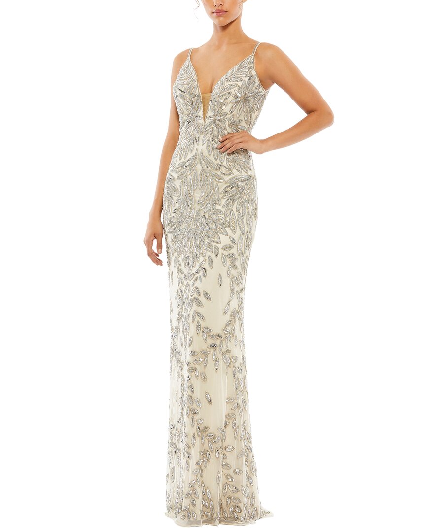 Mac Duggal Sequin Leaf Mermaid Gown In Silver