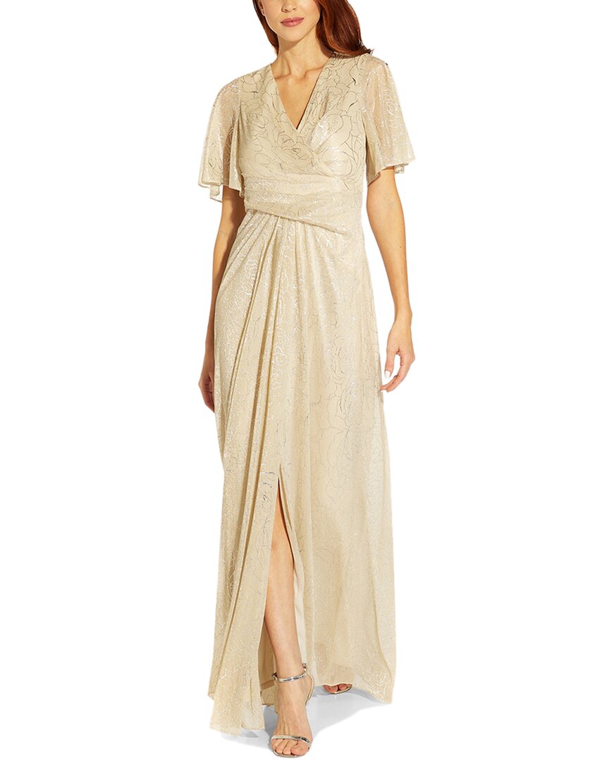 ADRIANNA PAPELL ADRIANNA PAPELL STENCIL FLORAL METALLIC MESH DRAPED GOWN