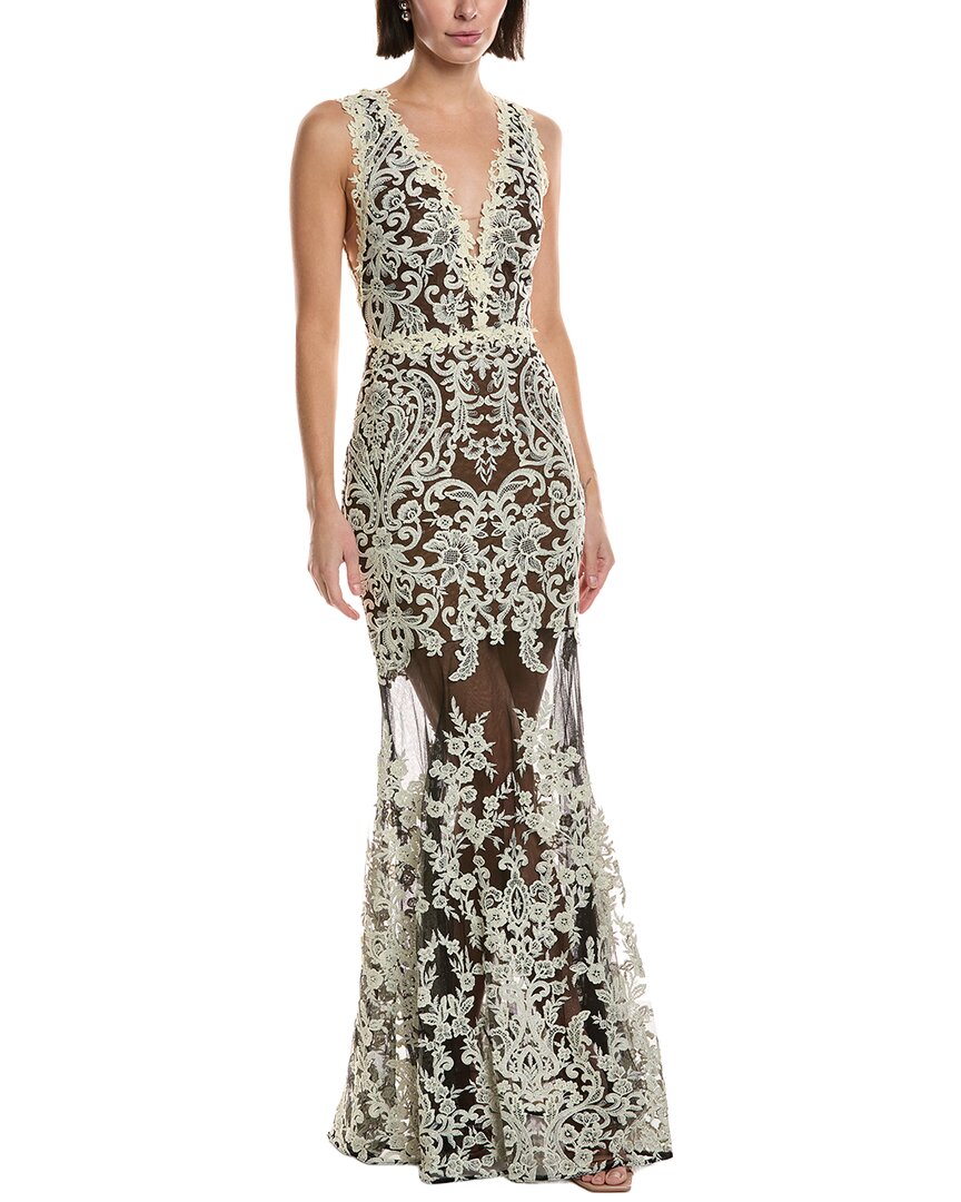 Marchesa Notte Sleeveless Deep V-neck Embroidered Gown In White