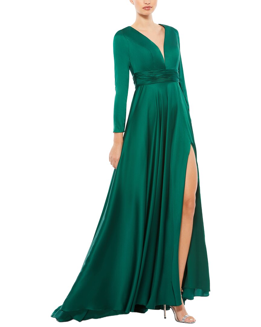 Mac Duggal Long Sleeve Ruched Waist A-line Gown In Green