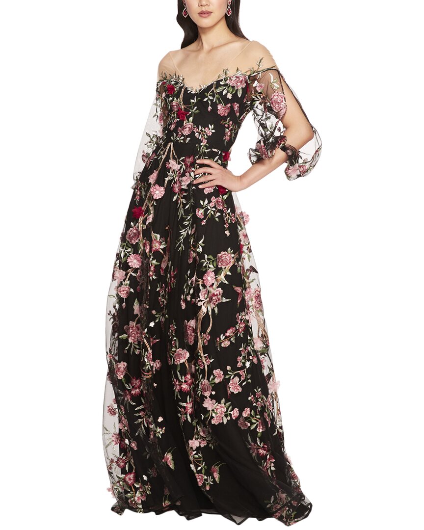 Marchesa Notte Floral Embroidery Long Sleeve Gown