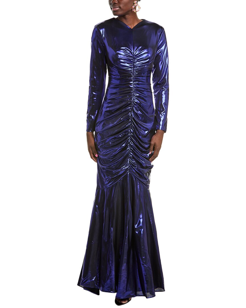 Rene Ruiz Hand-draped Metallic Stretch Gown In Blue