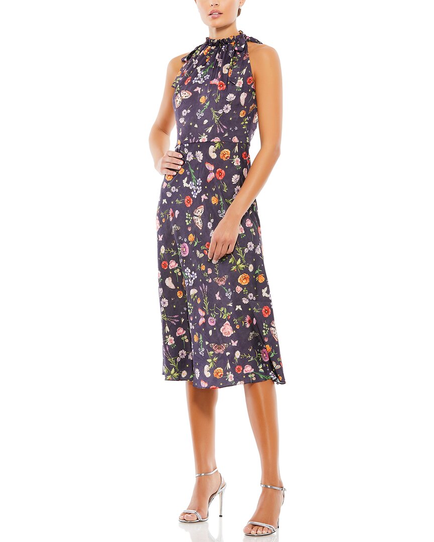 Mac Duggal Pleated Halter Neck Floral Dress With Ruffle Collar And Dual Ties