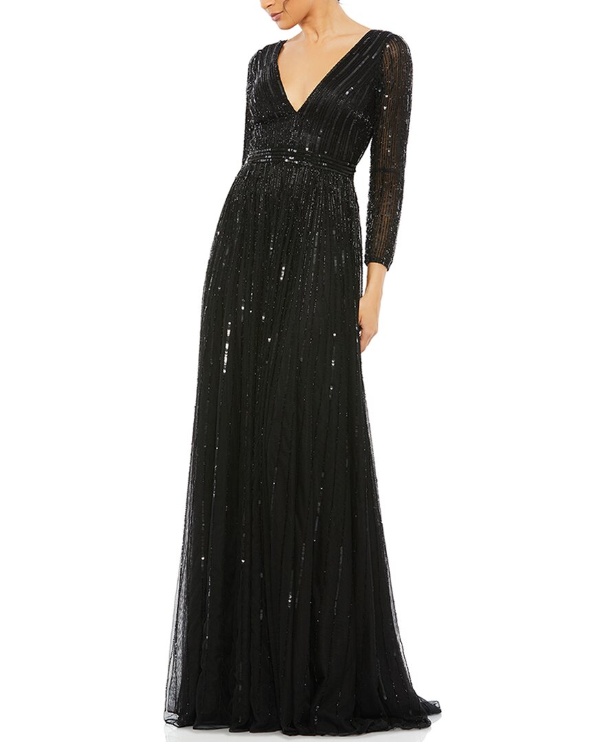 Mac Duggal Sequined V Neck Illusion Sleeve A Line Gown