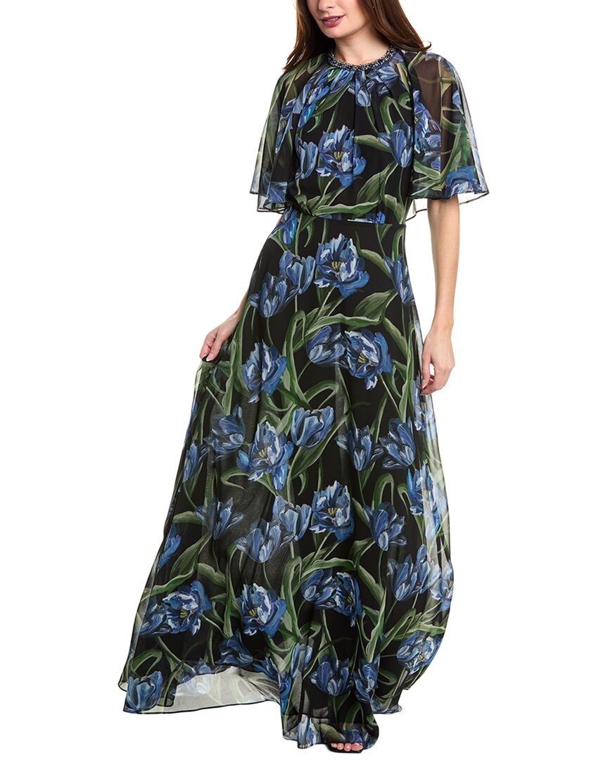 Teri Jon By Rickie Freeman Cape Sleeve Chiffon Gown In Black