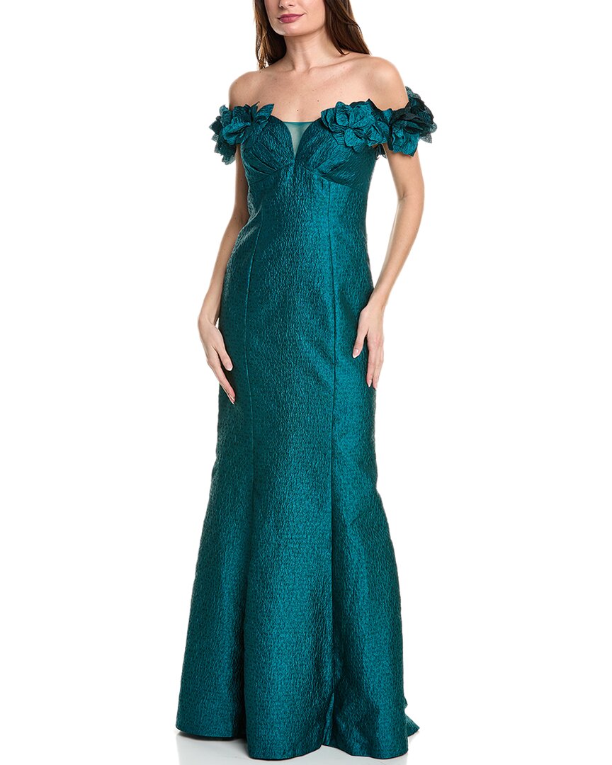 Shop Teri Jon By Rickie Freeman Metallic Jacquard Gown In Green