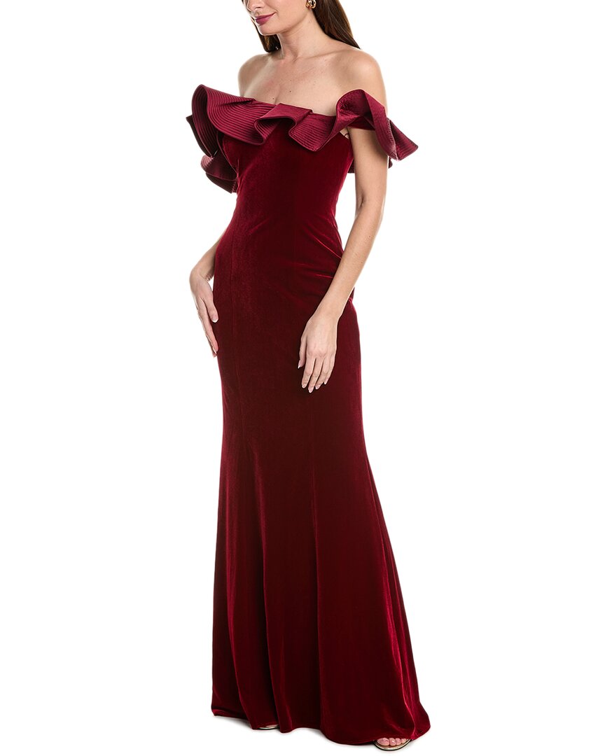 Teri Jon By Rickie Freeman Off-the-shoulder Velvet Gown In Red
