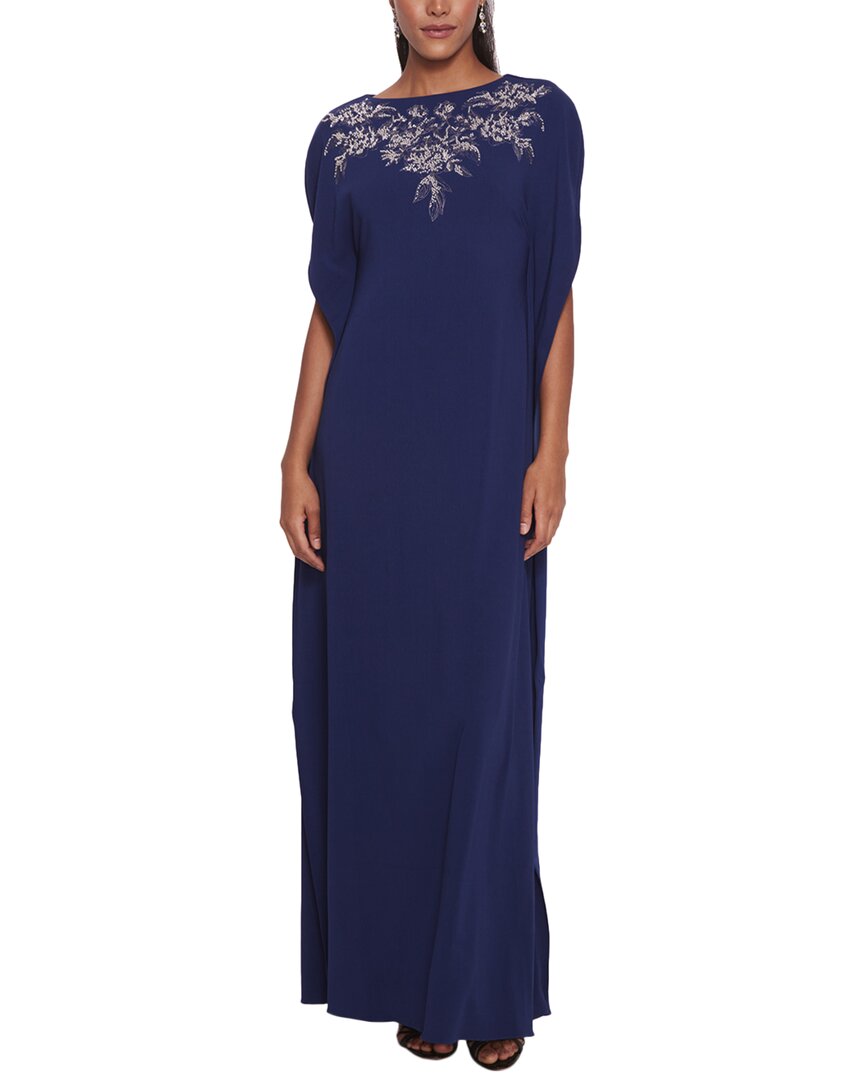 Marchesa Notte Floral-embroidered Crepe Kaftan Dress In Blue