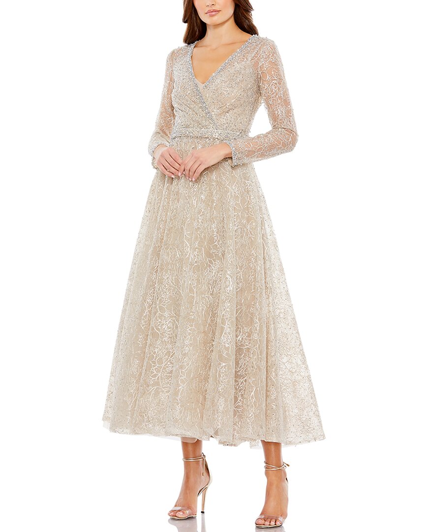 Mac Duggal Embellished Wrap Over Long Sleeve Midi Dress In Brown