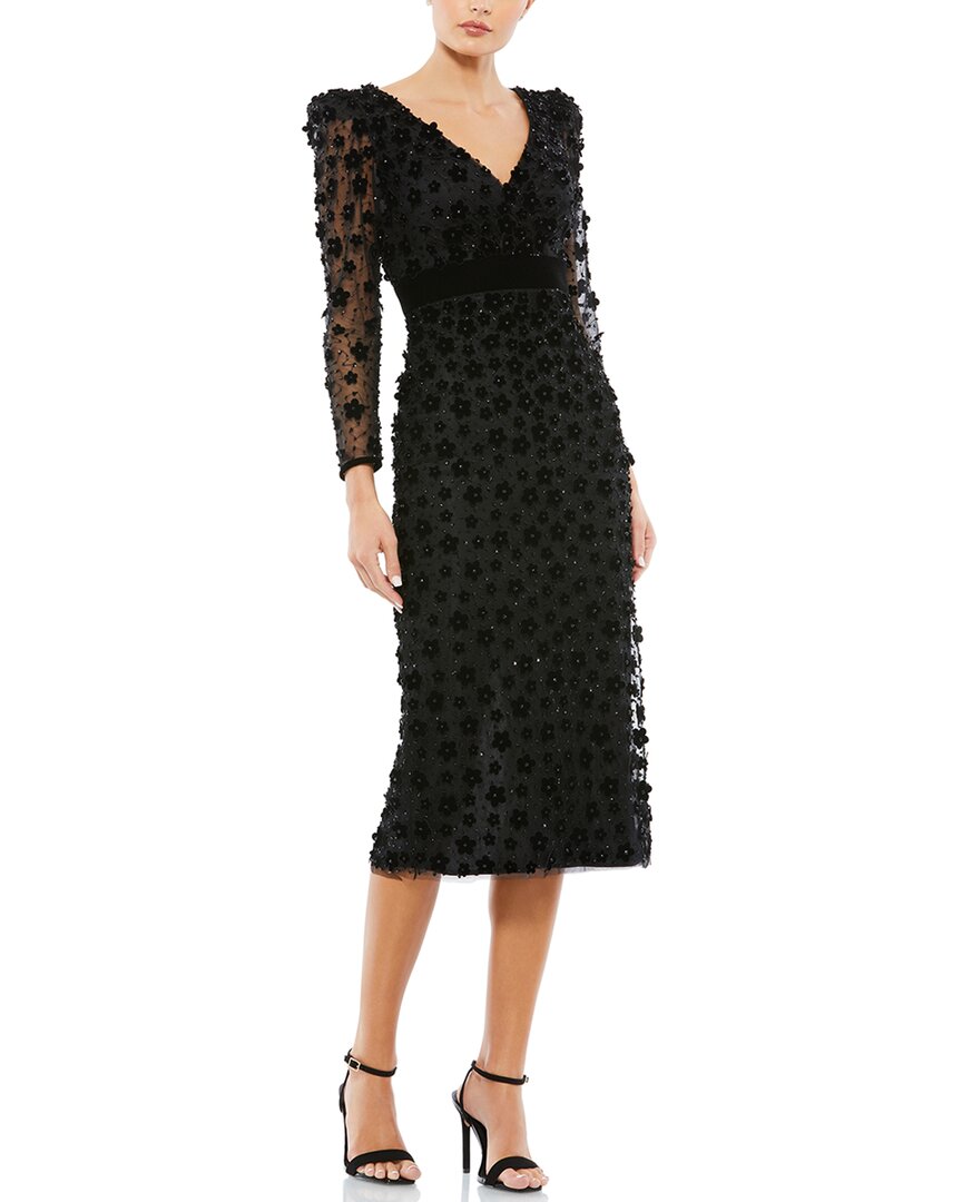 Mac Duggal Embellished V-neck Illusion Column Midi Dress In Black