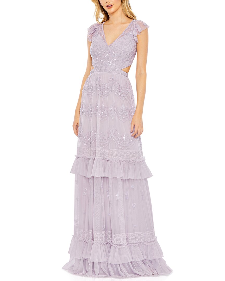 Mac Duggal Sequined Ruffled Cap Sleeve Cut Out Tiered Gown In Purple