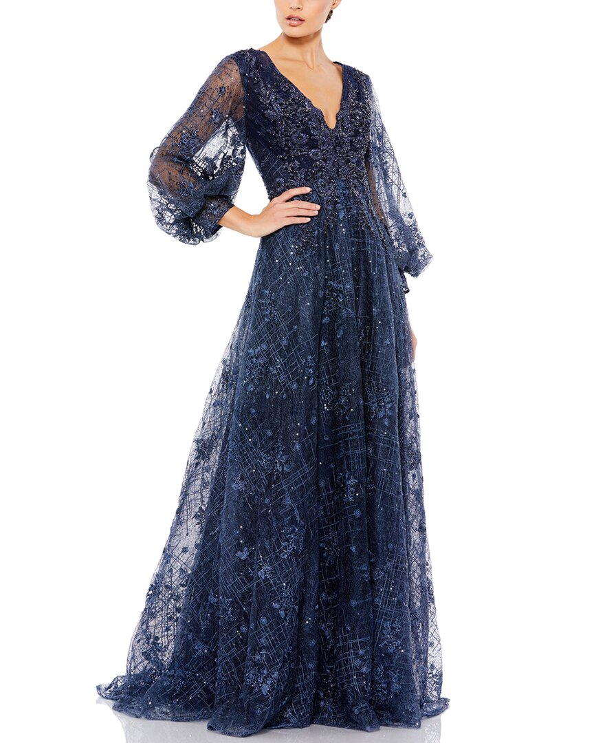 Mac Duggal Embellished Plunge Neck Puff Sleeve A-line Gown In Blue