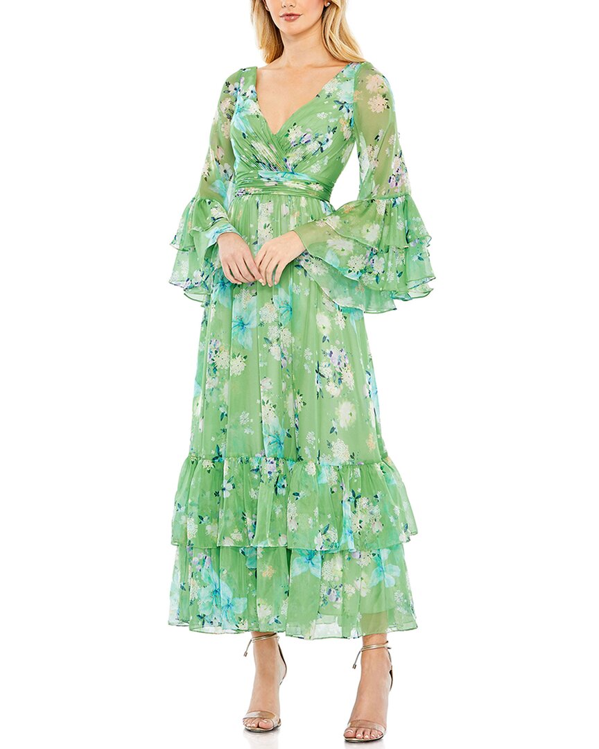 Mac Duggal Floral Print Chiffon Wrap Flounce Sleeve Dress In Green
