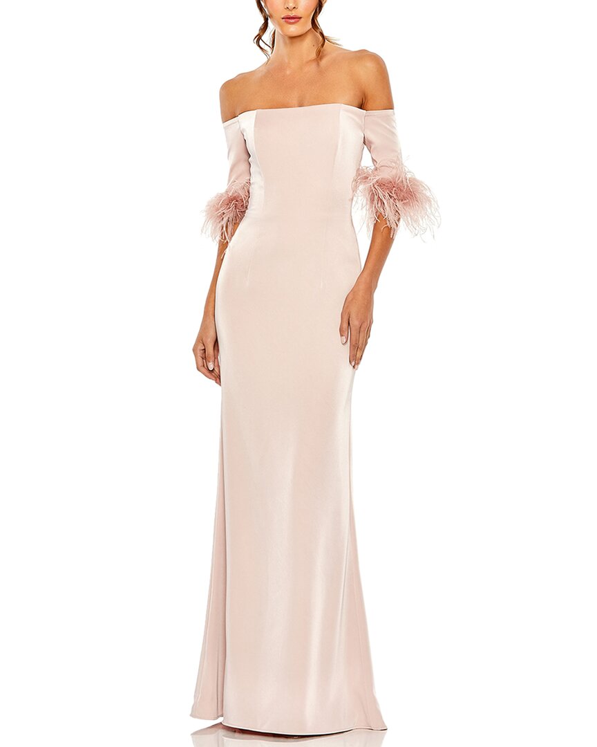 Mac Duggal Feather Trim Off The Shoulder Column Gown In Pink