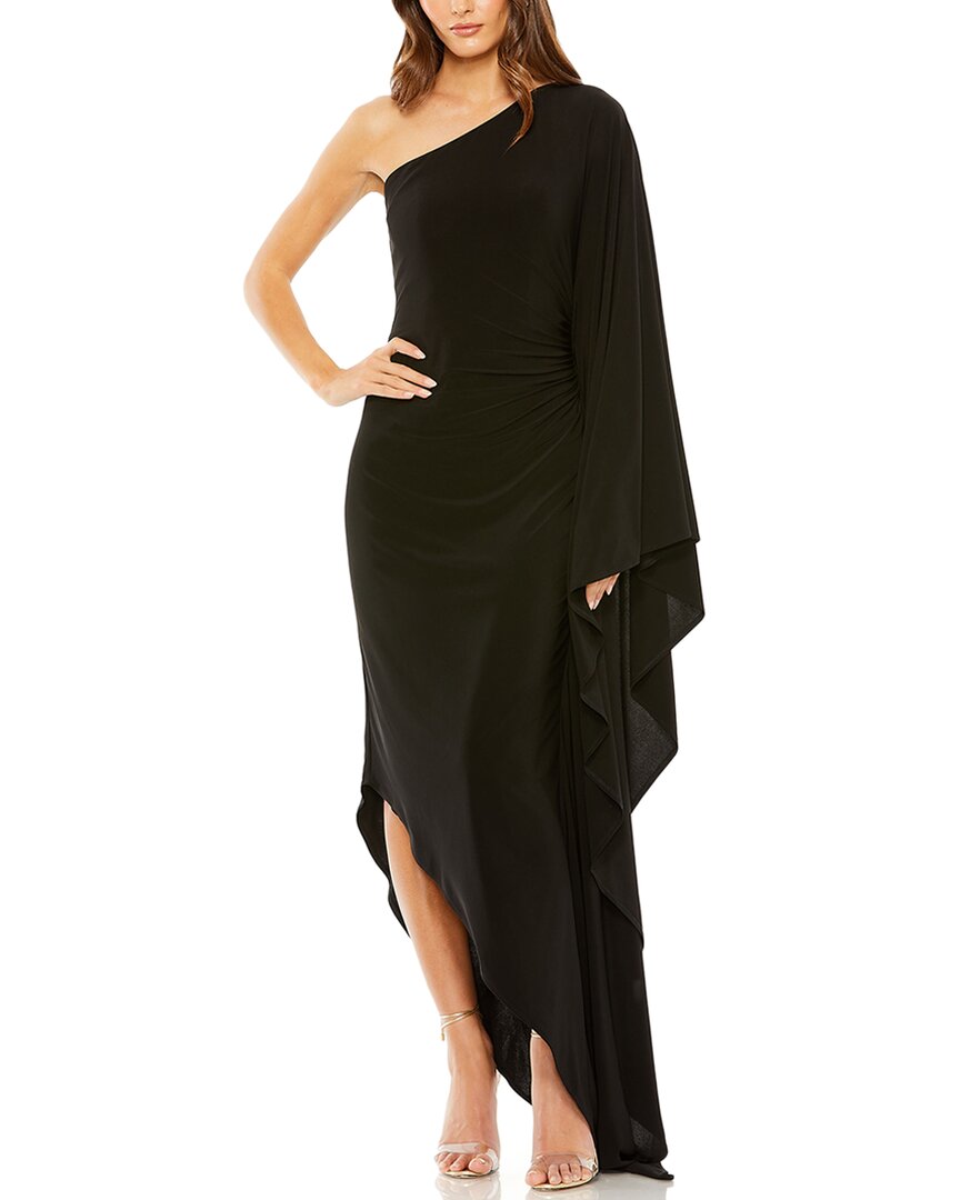 Mac Duggal One Shoulder Cape Sleeve Ruched Detail Jersey Gown In Black