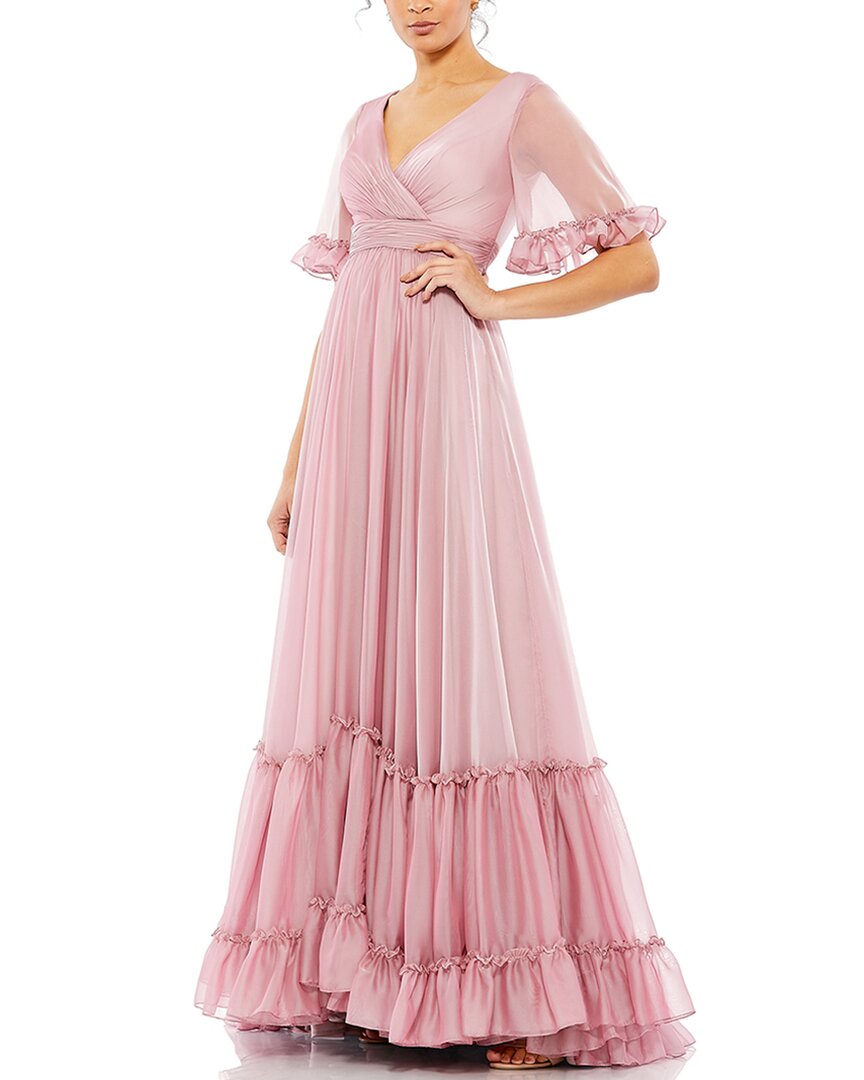 Mac Duggal Romantic Ruffled Butterfly Sleeve Gown With Wrap-over V-neck And Tiered Skirt In Pink